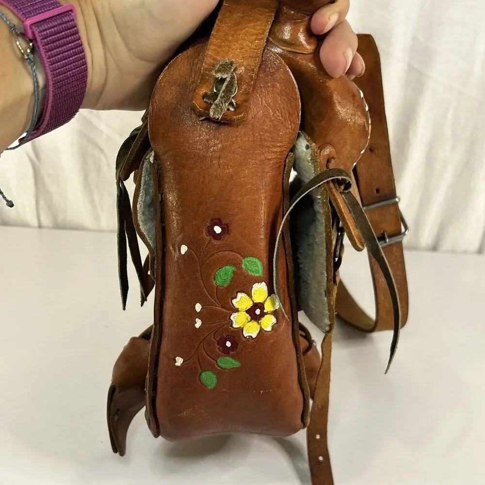 Hand Tooled Leather Saddle Purse Hand Painted Floral Western Shoulder Bag